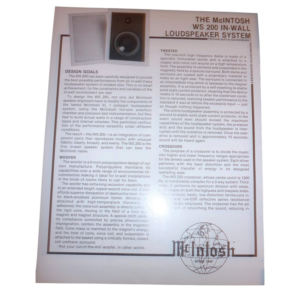 McIntosh WS 200 In-Wall Loudspeaker System Techni-Data Quicksheet Vintage Paper